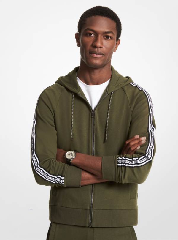 Panske Mikiny S Kapucňou Michael Kors Logo Tape Cotton Blend Zip-Up Tmavo Zelene - Oblecenie Michael Kors Akcia | ESDBH-3458